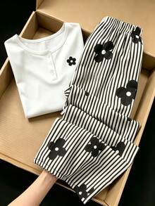 SHEIN Tween Girls Floral Print Wide Leg Pants Half Button Short Sleeve Tee Two Pieces Set Back To School - White - View 1