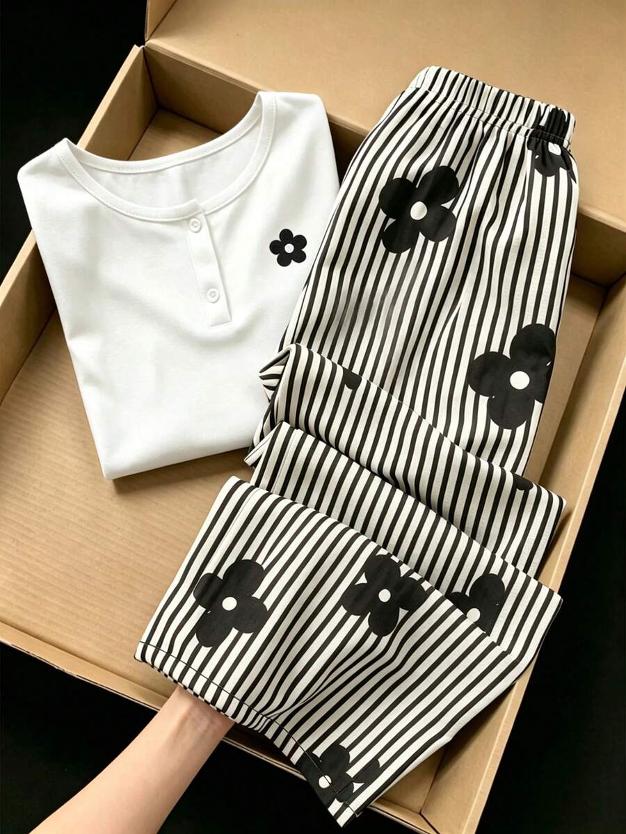 SHEIN Tween Girls Floral Print Wide Leg Pants Half Button Short Sleeve Tee Two Pieces Set Back To School - White - View 1