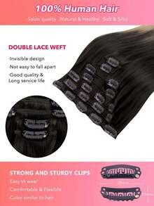7 PIEZAS Extensiones de cabello con clip recto 100% cabello humano real de 14-24 pulgadas 115G Doble trama Extensiones de cabello con clip invisibles Cabello humano Remy natural para uso diario de mujeres y niñas - T2/4/22 - View 4