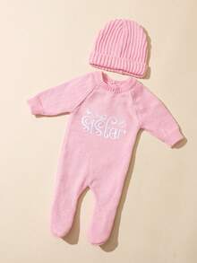 SHEIN 2件組 Hello I'm Here 趣味圖案刺繡新生兒攝影套裝 針織海軍藍連身褲連帽衣 嬰兒拍照秋季道具 - 西瓜粉 - 查看 7