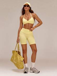 GLOWMODE Ultrafine Soft Seamless Work It Out Thin Strap Halter Top With Open Back Design & Removable Cups Training Workout Gym Fitness Summer Wear - French Vanilla - View 7