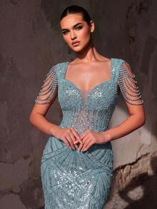 Glamrae Elegant Luxurious Beaded Sequin Patchwork Puff Sleeve Mermaid Dress For Wedding, Bachelorette Party, Vacation, Prom, Evening Gala (Heavy Embellished Style) - Blue - View 6