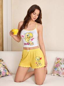 LOONEY TUNES X SHEIN Women's Cartoon Print Camisole Top And Shorts Casual Loungewear Pajama Set - Yellow - View 6