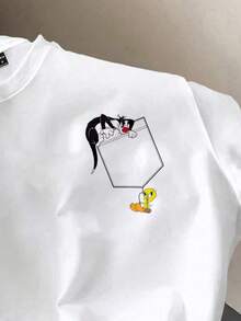 LOONEY TUNES X SHEIN Daypath Men's Cartoon Print Short Sleeve T-Shirt, Suitable For Casual Daily Wear, Simple And Versatile - White - View 2