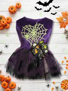 PETSIN 1pc Pet Halloween Purple Velvet Splice Metallic Mesh Spider Print Witch Costume Dress For Cats & Dogs - Multicolor - View 2