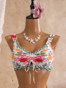 EMERY ROSE Spring/Summer New Floral Bohemian Style Floral Print Two Pieces Bikini Set For Vacation - Multicolor - View 4