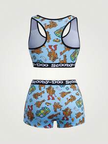 SCOOBY-DOO X SHEIN 女款內衣套裝聯名款 可拆式杯墊運動背心與低腰內褲 緹花卡通圖案滿版印花 - 藍色 - 查看 2