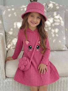Emery Rose Kids Emery Rose Kids Young Girl Young Girl Embroidery Cartoon Pattern Hooded Autumn Winter Dress - Hot Pink - View 1