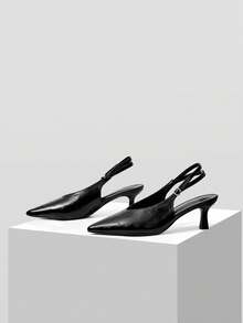 Mnmlis V-Shaped Hollow Double Thin Belt Adjustable Buckle, Pointed Toe Thin Middle Heel Simple Commuting Soft Leather Black Slingback Shoes - Black - View 3