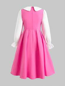 Tween Girl Back To School Outfit Pink & White Patchwork Long Sleeve 3D Bow Decor Lapel Open Front Dr - Pink - View 3