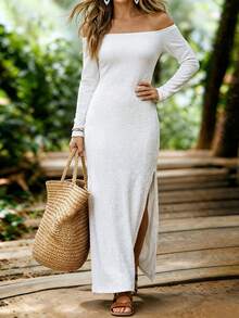 LUMIGAL New Autumn And Fashion, Casual And Versatile Off-White One-Shoulder Long-Sleeved Dress, Side-Slit Vacation - White - View 5