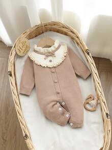 SHEIN Baby Girl Colorblock Patchwork Sweater Romper - Khaki - View 1
