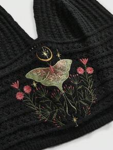 ROMWE Dark Gothic Mysterious Moth & Floral Embroidered Halter Neck Plus Size Women's Knit Top - Black - View 4