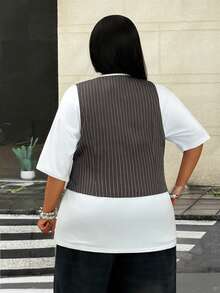 Maweii Plus Size Dark Green Striped Suit Vest Teachers' Day Office Formal Summer Business Casual Elegant - Dark Grey - View 2