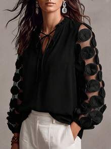 Velvienne Plus Size Versatile 3D Floral Mesh Blouse For Women - Black - View 4