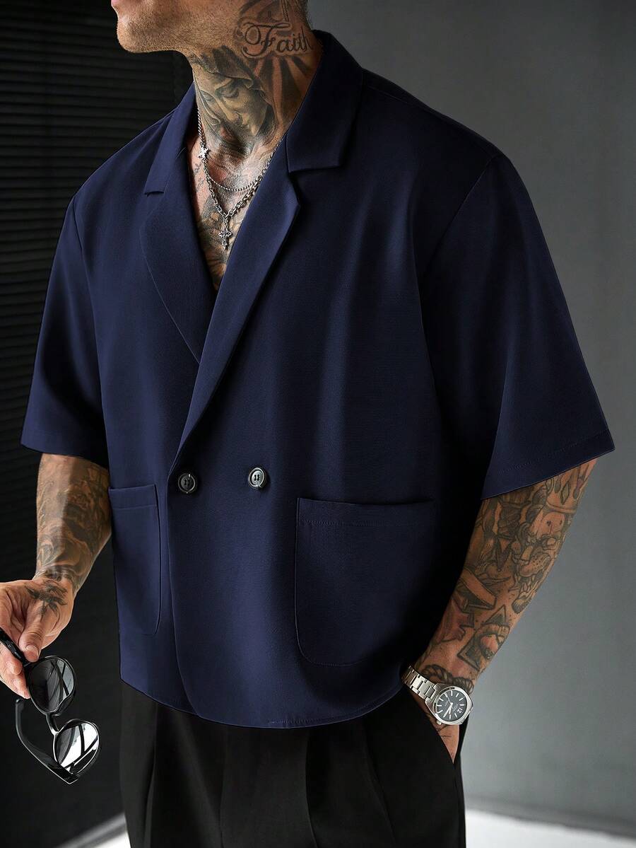 SLATEMANN 男士舒適純色短袖襯衫,極簡大領口配2顆鈕扣,適合正式或休閒場合,休閒度假、聚會、簡約辦公、居家休閒穿著,百搭風格,適合自穿或送禮給朋友,熱銷舒適面料襯衫 - 寶藍色 - 查看 1
