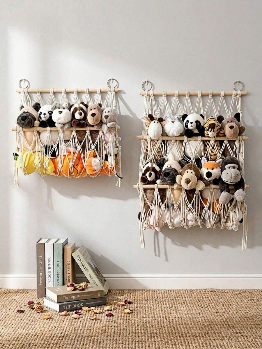 Madebyblanc 1 pieza Estantería de almacenamiento de cuerda tejida a mano montada en la pared - Organizador de múltiples capas para animales de peluche, revistas y periódicos, decoración del hogar, pieza de arte de tapiz para el dormitorio - Multicolor - Ver 1