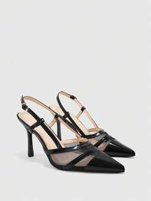 CUCCOO BIZCHIC 女款緞面網格拼接露跟高跟鞋，尖頭雙帶細跟鞋 - 亮黑色 - 查看 3
