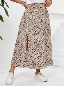 SHEIN Frenchy Plus Size Tropical Split Floral Printed Women's Skirt Fall - Khaki - View 7