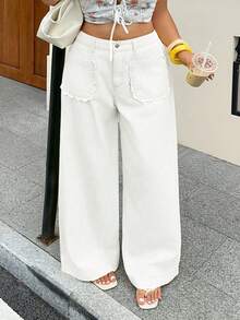 Rivivi 夏季新款純色高腰寬鬆大尺碼牛仔褲 - 白色 - 查看 5