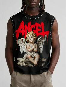 Manfinity Roghcode 男士黑色無袖背心，哥德天使雕塑印花 + 紅色「ANGEL」字母圖案鉚釘裝飾上衣，街頭風休閒無袖T恤，適合春/夏、音樂節、派對、外出與日常穿著 - 彩色 - 查看 2