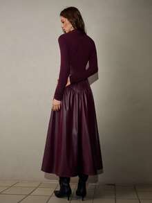 MOTF PREMIUM WOMEN'S AUTUMN/WINTER PU PLEATED KNIT PATCHWORK LONG SLEEVE MID-LENGTH DRESS - Rust Brown - View 6