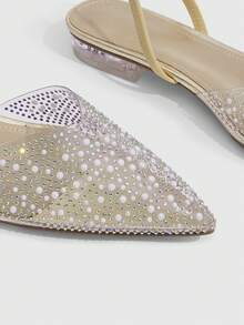 CUCCOO SZL Women's Fashion And Elegance Pointed V-Cut Low Heel Slingback Party Shoes. Transparent TPU Fabric Contrasting Color Hot Pearl Colored Rhinestones - Gold - View 5