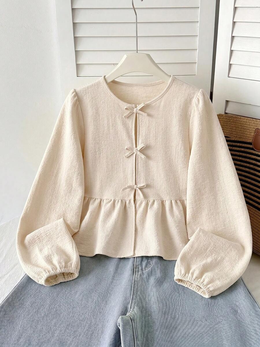 SHEIN 青少年女孩修身休閒極簡舒適米黃圓領長袖綁帶紋理加厚抓絨內裡冬季襯衫 - 彩色 - 查看 1