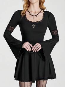 Breakform Halloween  Gothic Retro Sexy Dark-Style Short Dress: Black Stretch Fit With Lace Paneling - Black - View 5