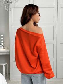 SHEIN EZwear 女款寬鬆白色保暖內裡不對稱肩領衛衣，秋冬款 - 橘色 - 查看 2