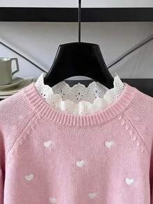 SHEIN 少女休閒蕾絲飾領愛心圖案秋冬毛衣 - 粉色 - 查看 5