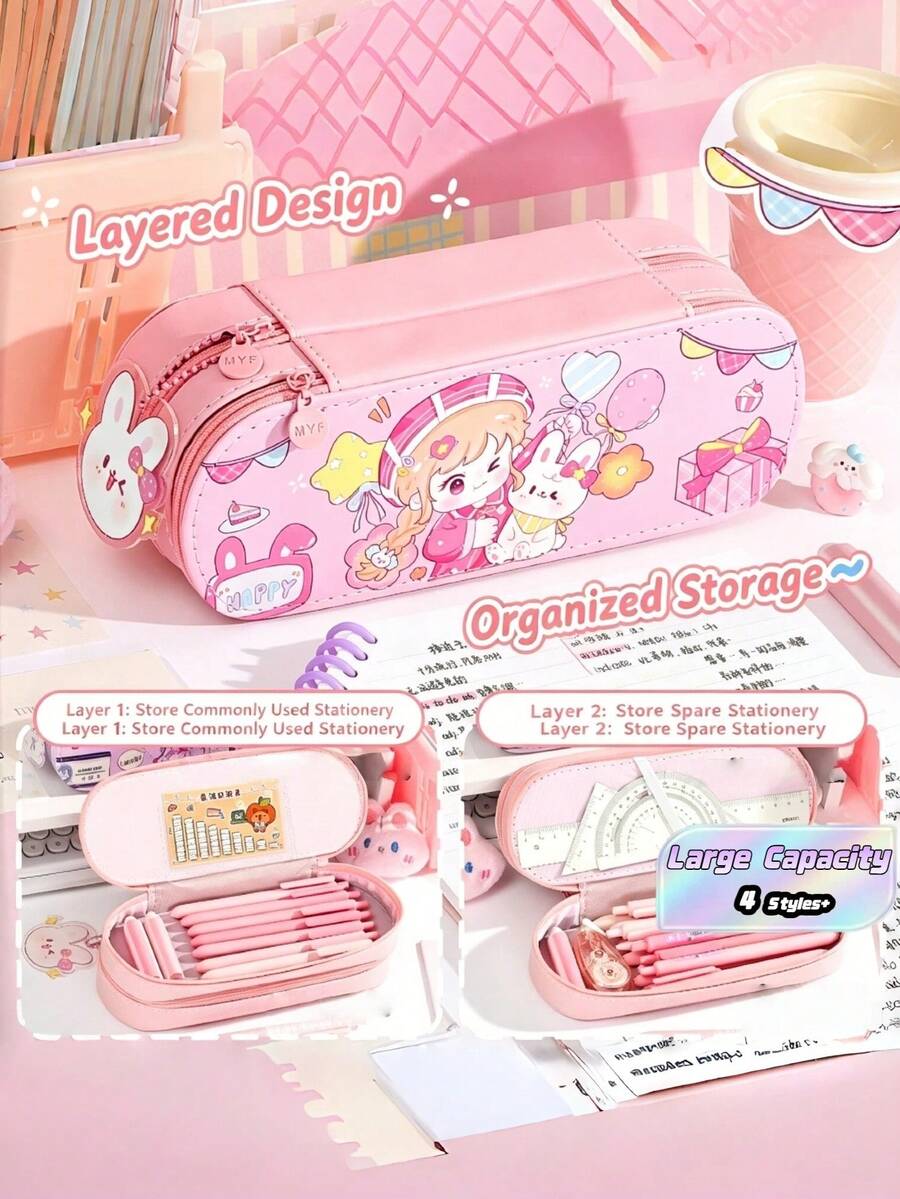 1PC PU Cartoon Double-Layer Pencil Bag,Stationery Pouch/Bag,Makeup Pouch,Pencil Organizer,Zipper Pencil Pouch3D Multifunctional Large Capacity Stationery Box For Teens, Back To School Gift