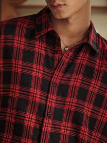 SWAVVY 1 pieza Camisa de algodón ultra holgada con estampado a cuadros y hombros caídos - Rojo - Ver 6