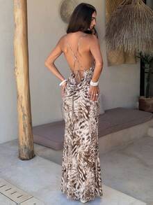 Aloruh Women's Vacation Beach Vacation Animal Print Backless Halter Dress Beige Summer Sexy Tropical - Beige - View 3