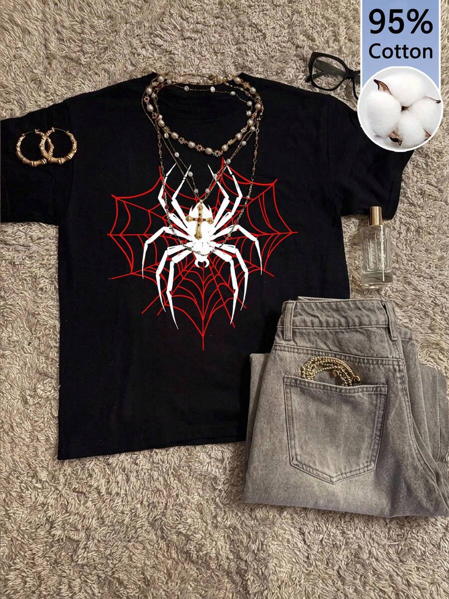 Attitoon Casual Loose Black Crew Neck Short Sleeve White Spider Graphic Print Women T-Shirt Suitable For Summer - Black - View 1