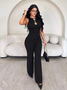 Vavine Elegant Business Casual Women's Office Wear, Metal Rose Flower Button Decor, Sleeveless High Elasticity Slim Fit Sexy Tank Top And Long Pants, 2-Piece Casual Set - Black - View 4
