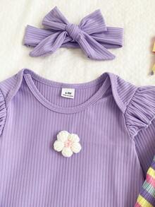 2pcs Baby Girls Fall Winter Pink Purple Colorful Ribbed Ribbed Long Sleeve Romper & Matching Bow Headband Set - Purple - View 5