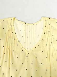 SHEIN Franclia V領百褶蕾絲拼接波點黃色女款上衣，附飄逸袖，無袖上衣，適合夏季、早午餐茶會，浪漫可愛 - 黃色 - 查看 4