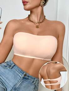 SHEIN 女款純色加厚休閒日常無肩帶內衣 - 粉色 - 查看 2