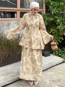 DAZY Setelan 2 Potong Wanita Musim Panas dan Gugur: Atasan Lengan Panjang Model Mengembang dengan Ikat Pinggang dan Motif Aprikot, Dipadukan dengan Rok Panjang - Aprikot - View 1