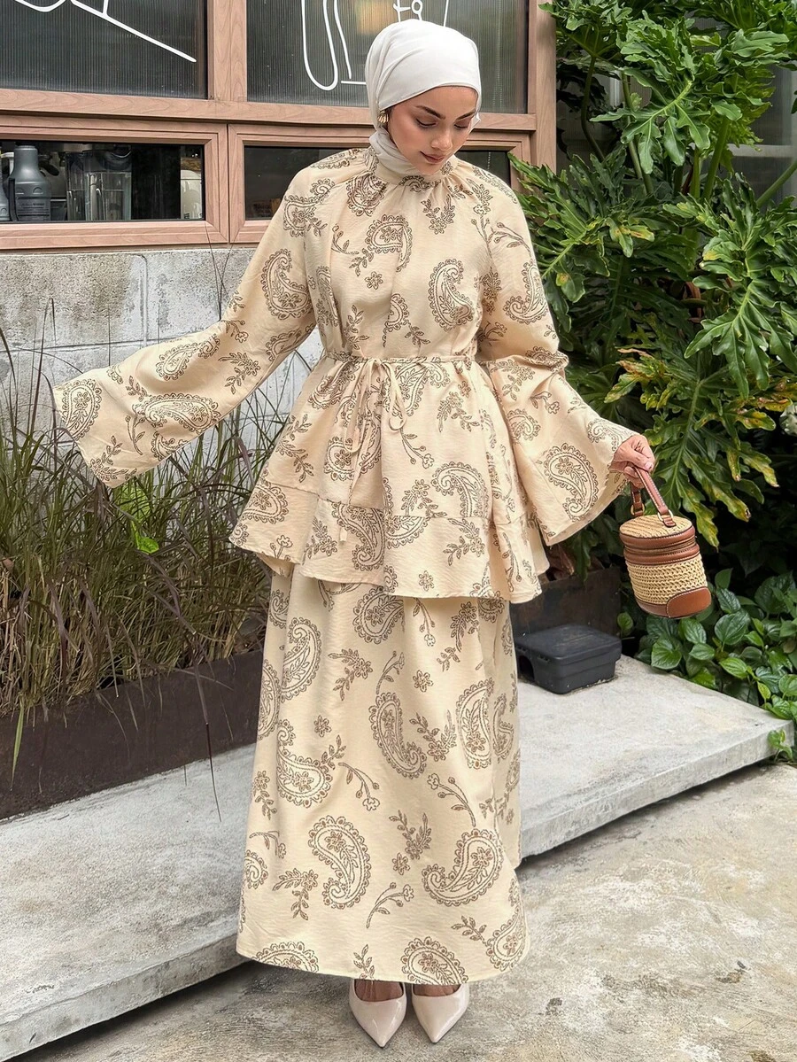 DAZY Setelan 2 Potong Wanita Musim Panas dan Gugur: Atasan Lengan Panjang Model Mengembang dengan Ikat Pinggang dan Motif Aprikot, Dipadukan dengan Rok Panjang - Aprikot - View 1