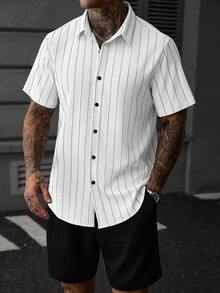 SLATEMANN 男士夏季杏色針織紋理直條紋休閒度假修身短袖襯衫與純色鬆緊腰短褲套裝 - 彩色 - 查看 4