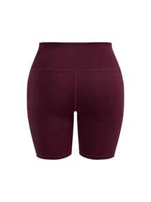SHEIN Cheerettes Celana Pendek Olahraga Wanita Ukuran Besar Warna Polos Modis dengan Kantong, Warna Merah, Lembut, Elastis, Bernapas, Menyerap Keringat, Anti-Jongkok, Pengontrol Perut, Mengangkat Bokong, Sisi Samping - Hitam - View 5