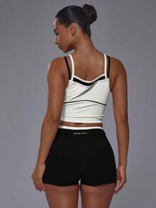 Musera Sport 雙層撞色直領拼接修身運動背心上衣，僅上衣，適合健身、運動、皮拉提斯、日常穿著、Slowburn - 黑與白 - 查看 4