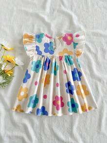 SHEIN Vintaside Kids 2026夏季新款女童彩色碎花荷葉袖洋裝，寬鬆A字娃娃裙，清新滿版碎花圓領公主裙，適合外出與拍照，小女孩夏季穿搭 - 杏色 - 查看 2