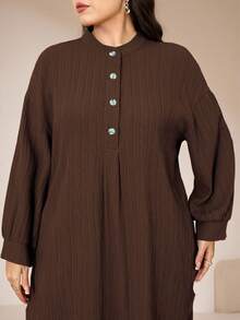 Veilorie Plus Size Women Solid Color Button Half-Placket Long Sleeve Shirt And Pants Casual 2-Piece Set Fall - Coffee Brown - View 6