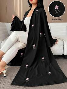 Al Najma Plus Size Women's Floral Embroidered Long Sleeve Elegant Arabic Abaya - Black - View 1