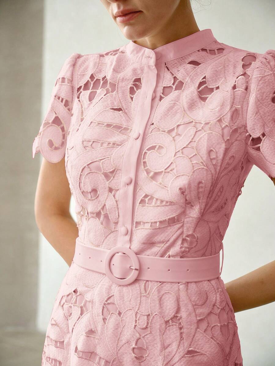MOTF PREMIUM WOMEN'S ELEGANT FASHION EMBROIDERED HOLLOW WAIST BELT DRESS - Pink - View 2