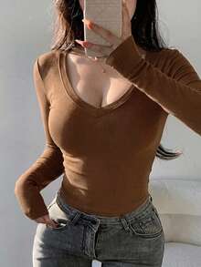 DAZY 女款黑色修身長袖T恤，基礎層上衣，春夏款 - 棕色 - 查看 6