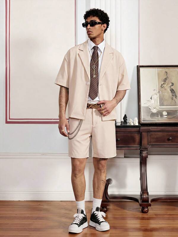 SWAVVY Men's Solid Color Single-Breasted Short Sleeve Shirt And Shorts Set